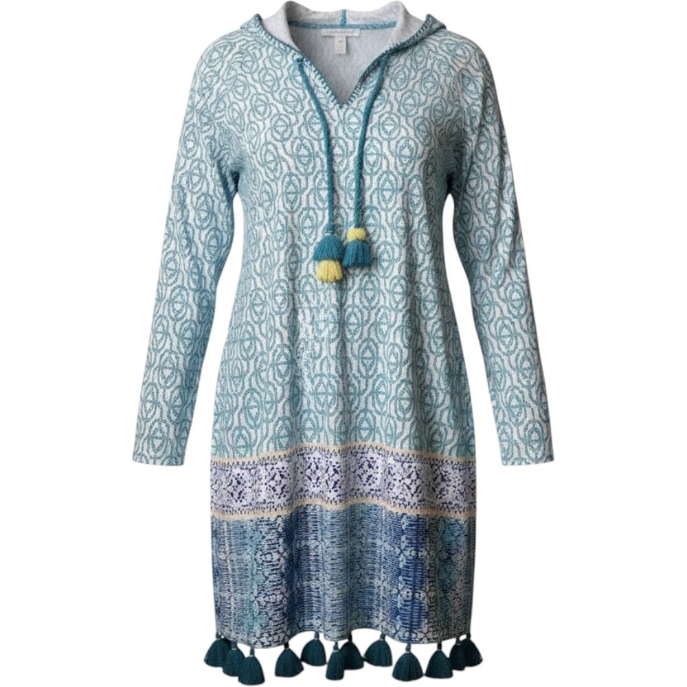 Cabana Life Teal White Geometric Hooded Tassel Trim Beach Coverup Dress 20 PTP